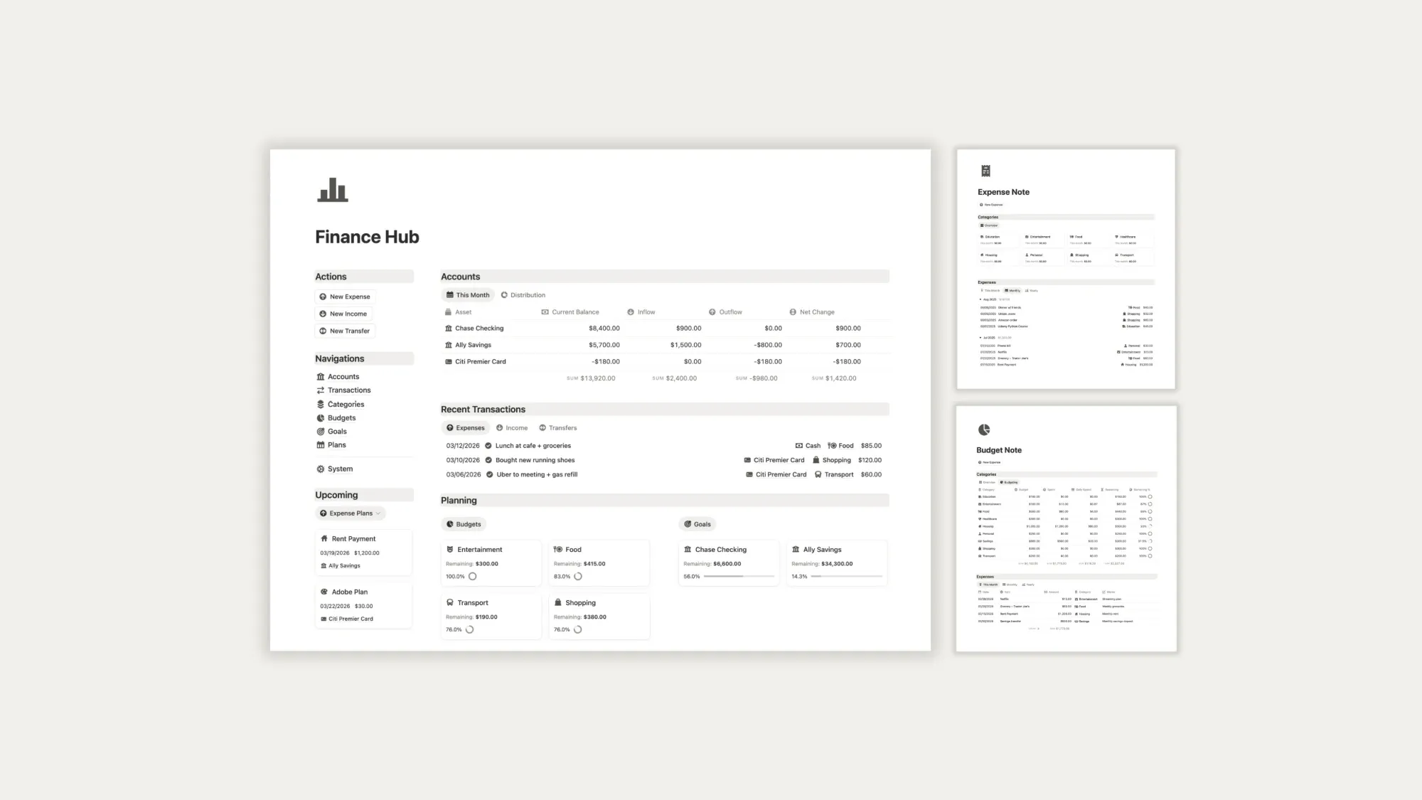 Finance Series Notion templates: Finance Hub, Budget Note, and Expense Note