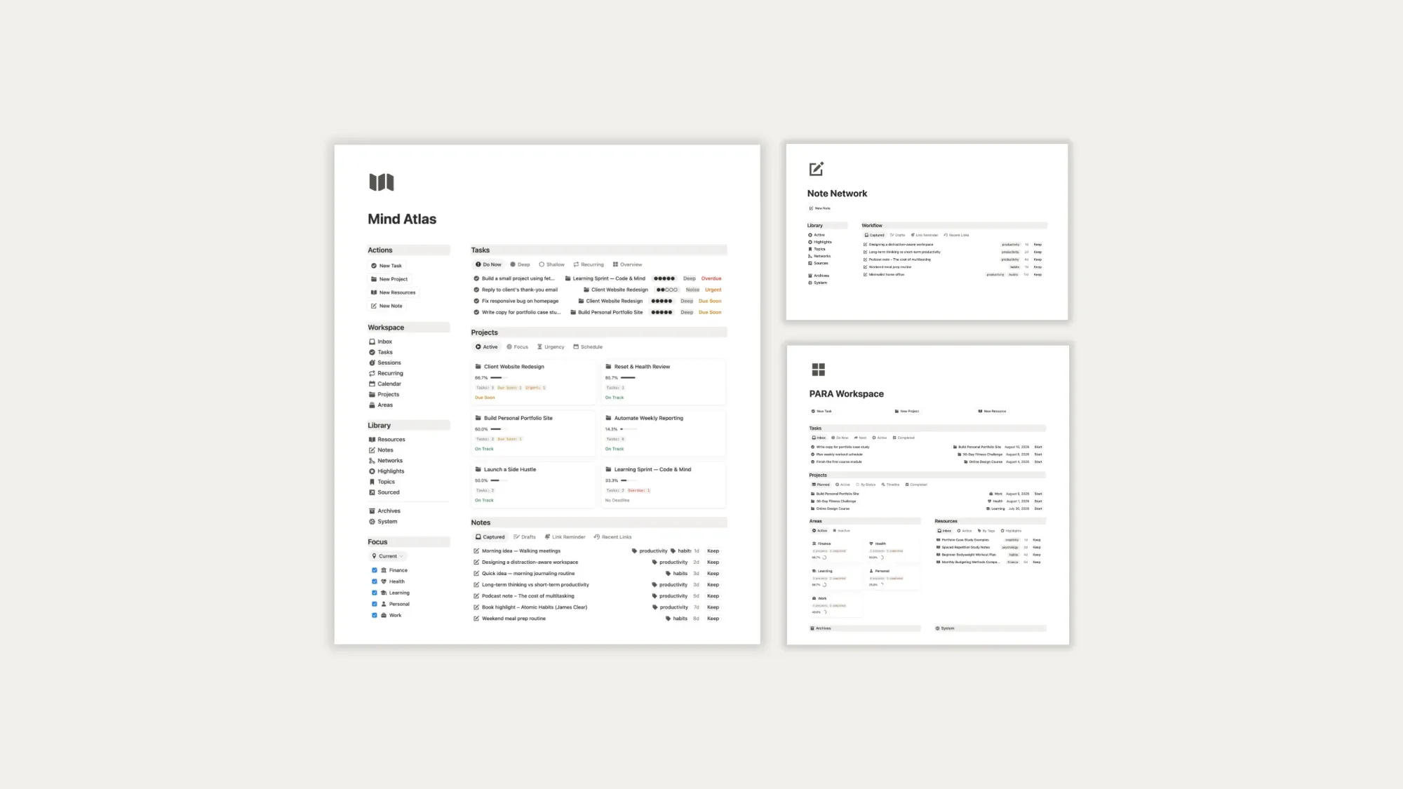 Productivity Series Notion templates: Mind Atlas, Note Network, and PARA Workspace