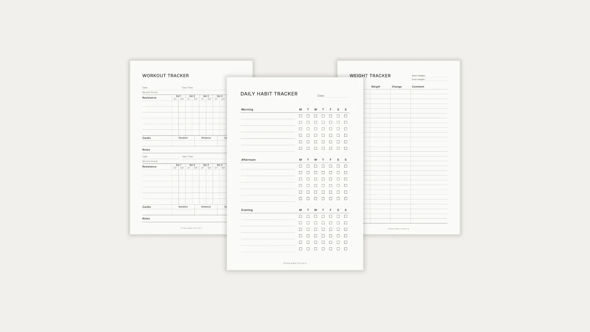 Lifestyle & Wellness printable planners: Workout Tracker, Daily Habit Tracker, and Weight Tracker